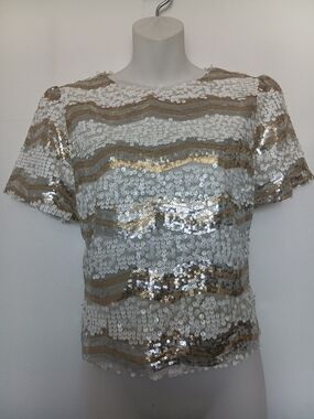 En Creme White Short Sleeve Sequin Stripe Top with Gold Accents